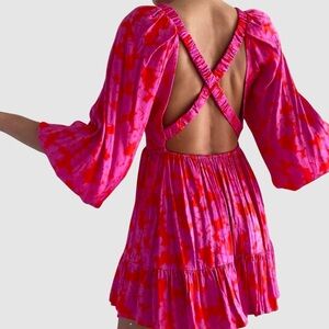 Topshop | Red & fuchsia backless criss cross long sleeve mini dress | Size 2